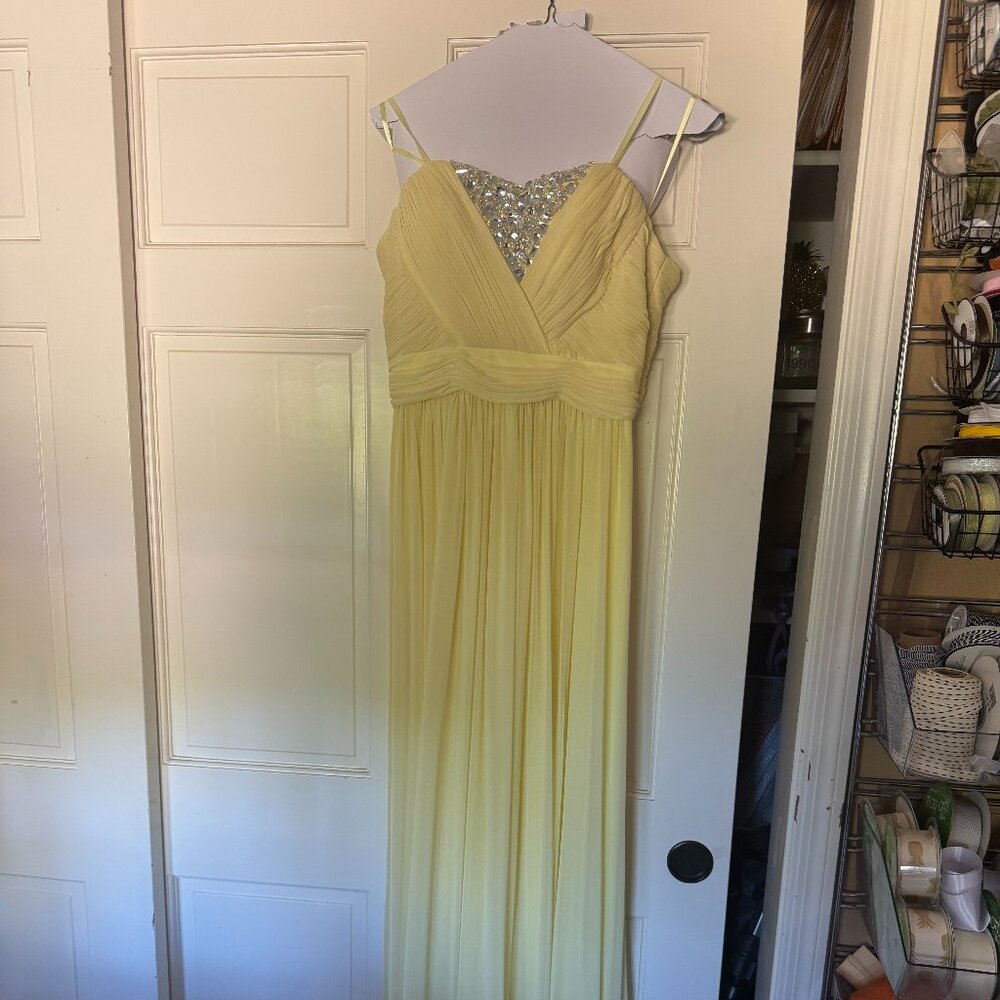 Light yellow jeweled maxi prom dress